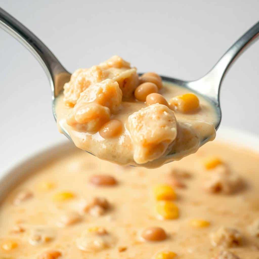 Spoon lifting creamy white chicken chili with beans and corn over bowl.