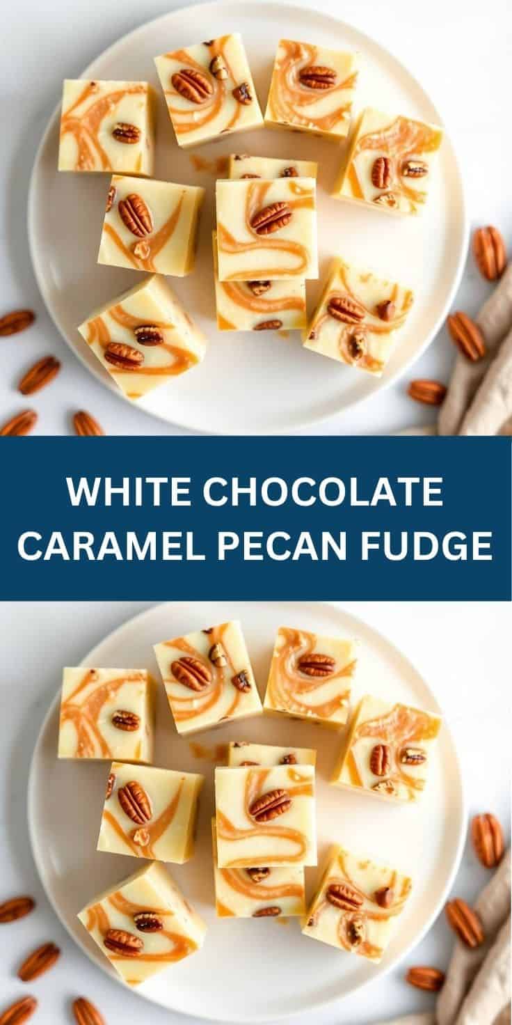 White chocolate caramel pecan fudge squares with swirled caramel on white plate, garnished with pecans.