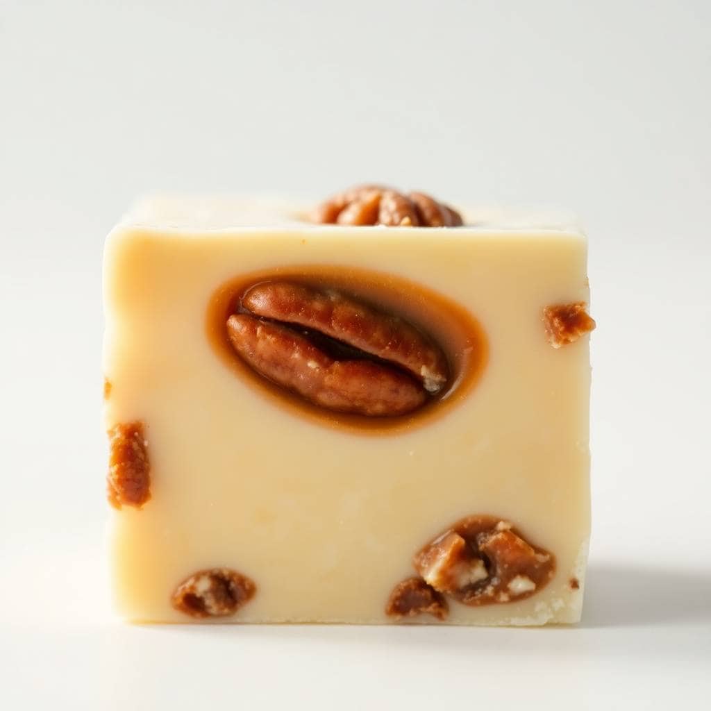 White chocolate caramel pecan fudge square with whole pecan garnish on neutral background.