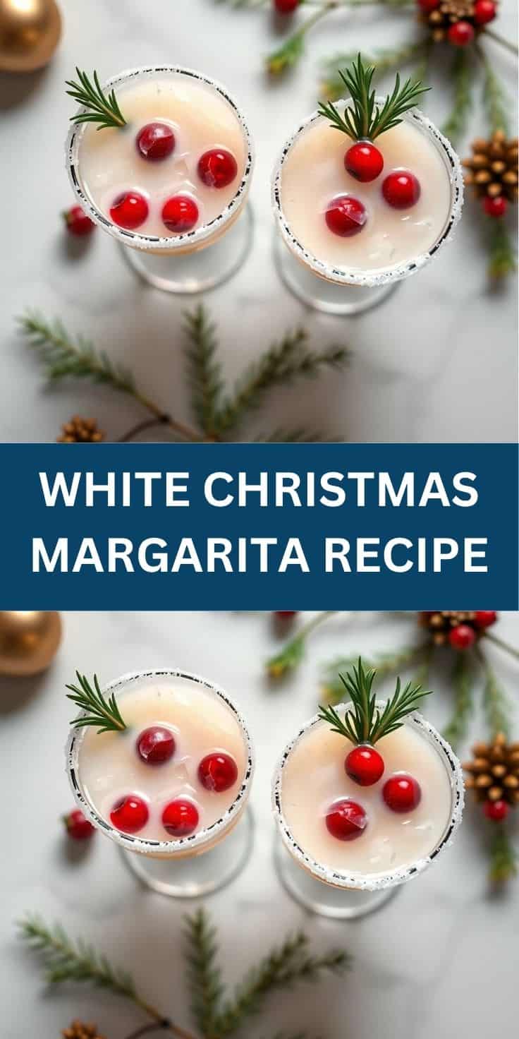 Two white Christmas margaritas with sugar-rimmed glasses, cranberry garnish, rosemary sprigs, and festive holiday decoration.