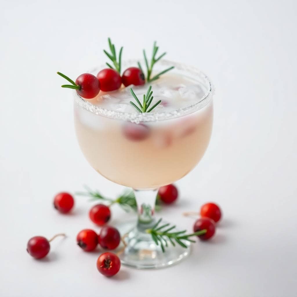White Christmas Margarita garnished with rosemary sprigs and red cranberries in a salt-rimmed glass.
