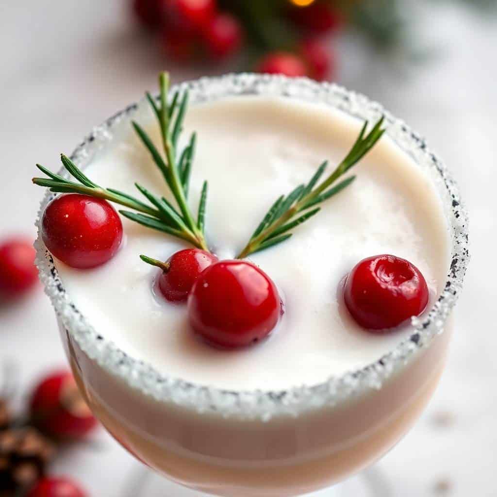 White Christmas Margarita with sugared rim, fresh cranberries, and rosemary sprig garnish in glass.