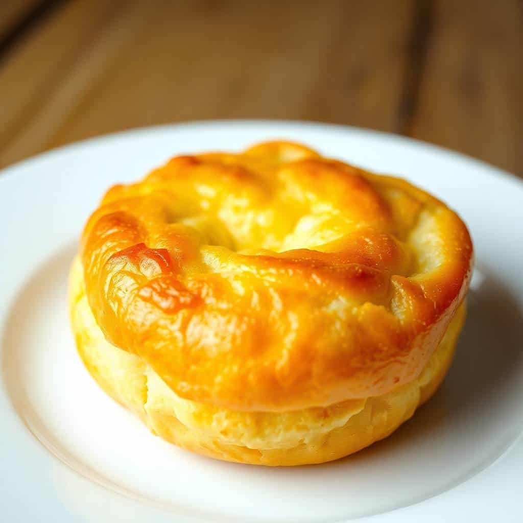 Golden-brown Yorkshire pudding on white plate with crispy, puffy texture and caramelized edges.