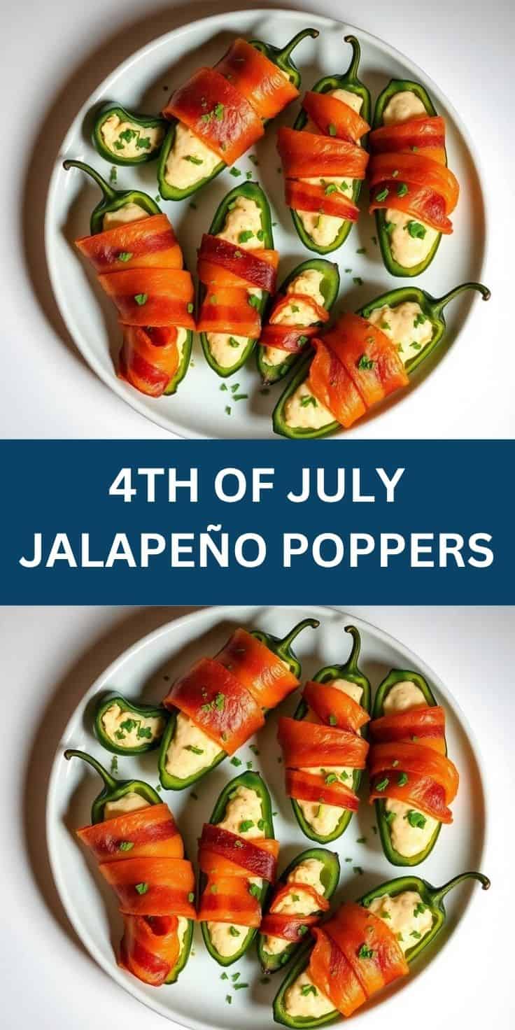 Jalapeño poppers stuffed with cheese and wrapped in red pepper strips, garnished with chives on white plate.