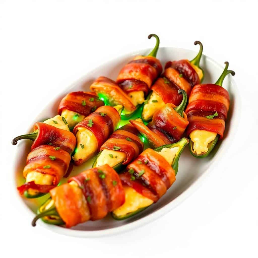 Bacon-wrapped jalapeño poppers filled with cheese on white plate, garnished with green herbs.