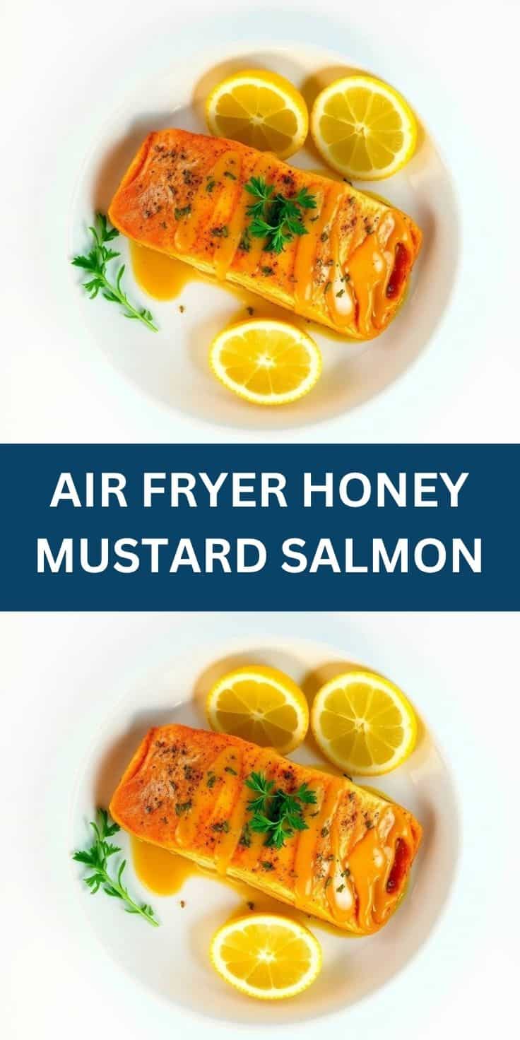Air fryer honey mustard salmon fillet glazed orange, garnished with lemon slices and parsley on white plate.