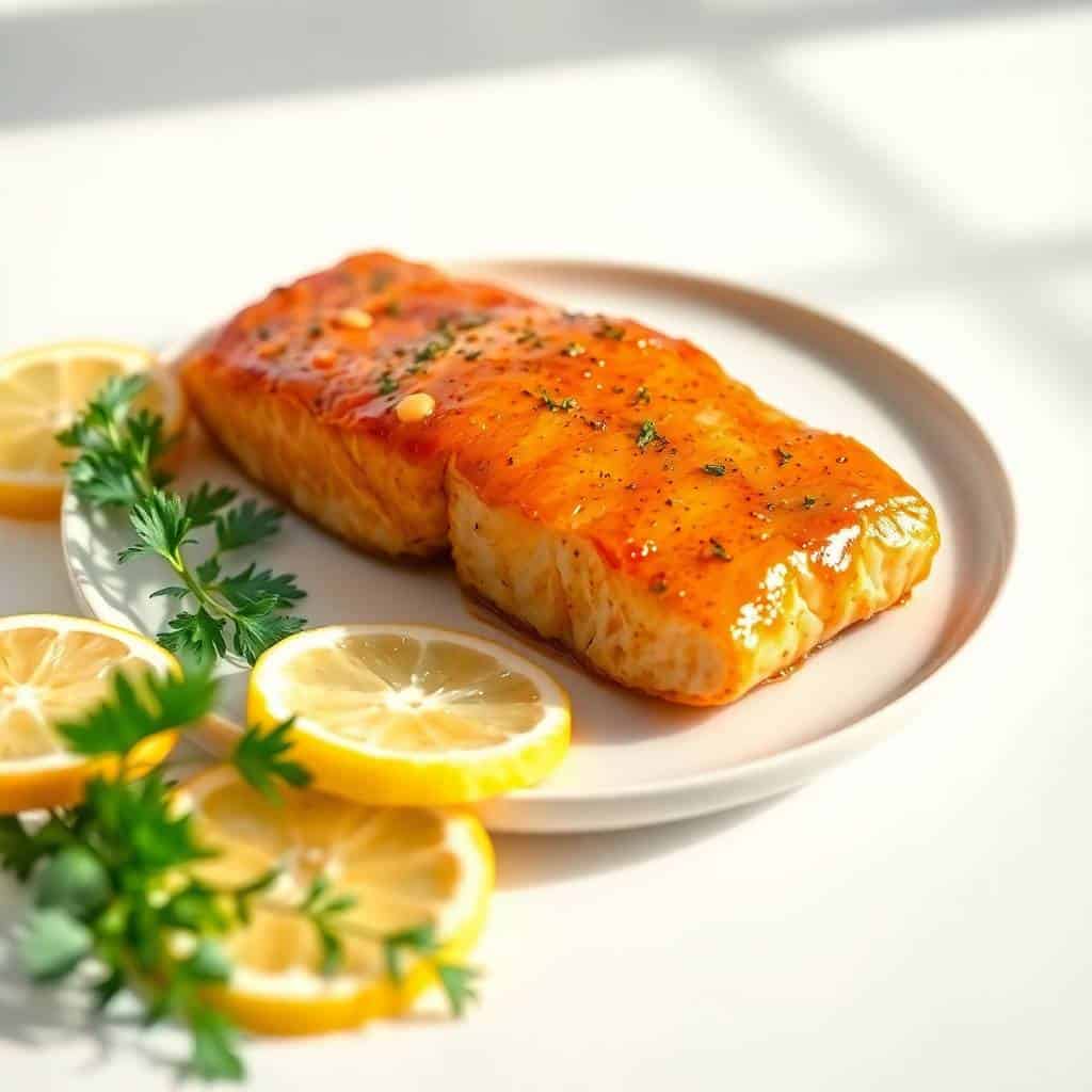 Glazed honey mustard salmon fillet on white plate with lemon slices and fresh parsley garnish.