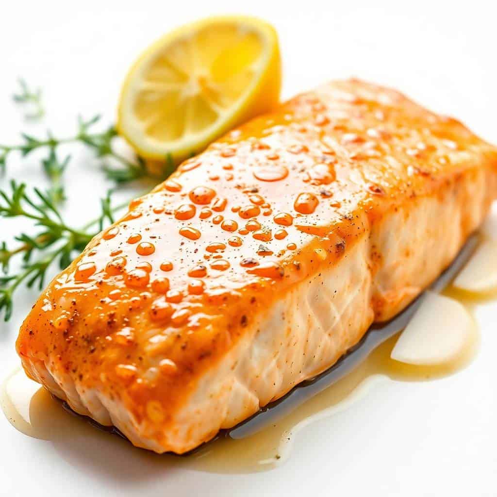 Glazed honey mustard salmon fillet with lemon slice and fresh thyme garnish on white plate.
