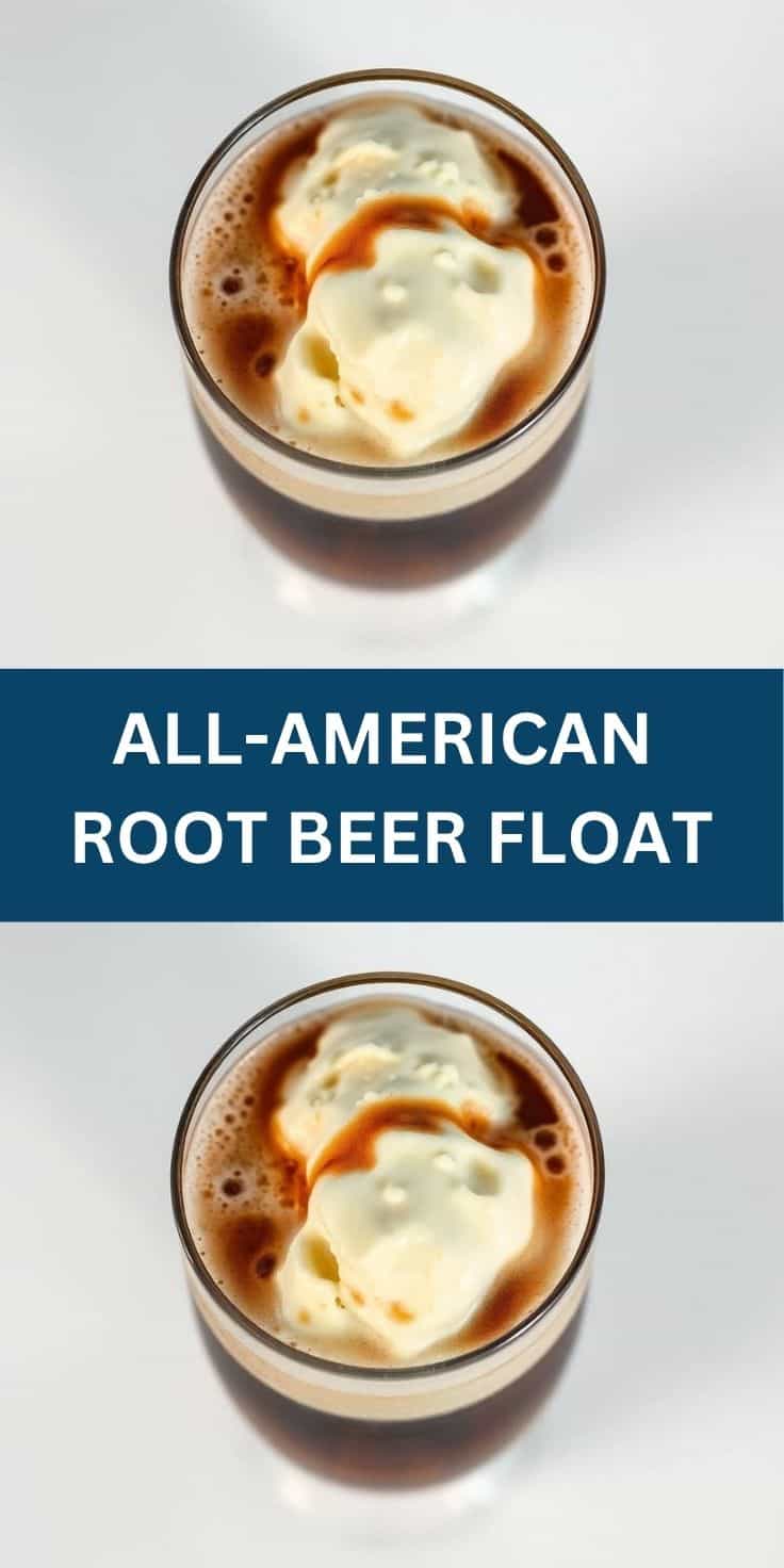 Root beer float with vanilla ice cream scoop in glass, overhead view on white background.