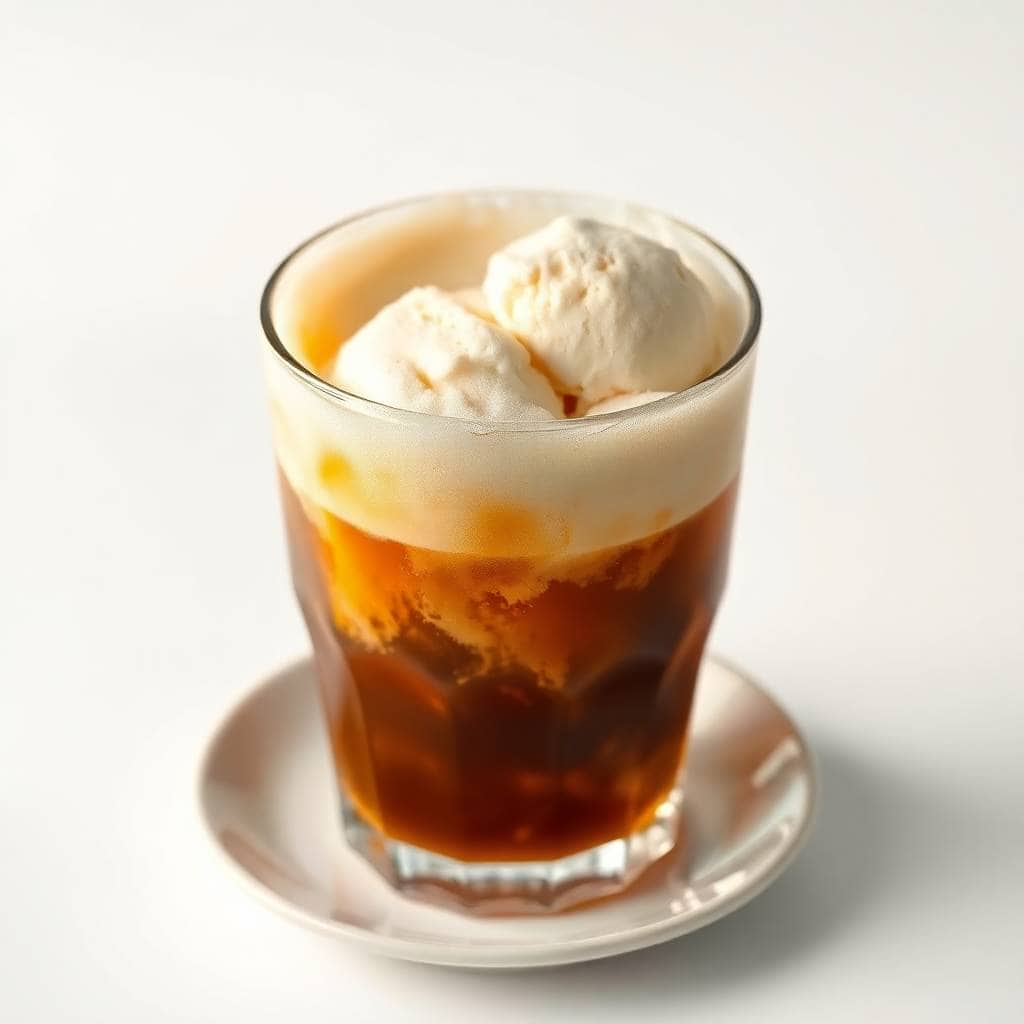 Classic root beer float with vanilla ice cream scoops in tall glass on white saucer.