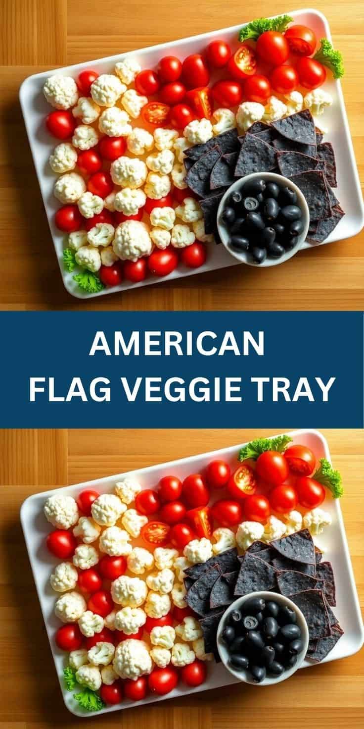 American flag veggie tray with cauliflower, cherry tomatoes, dark tortilla chips, and black olives on white platter.