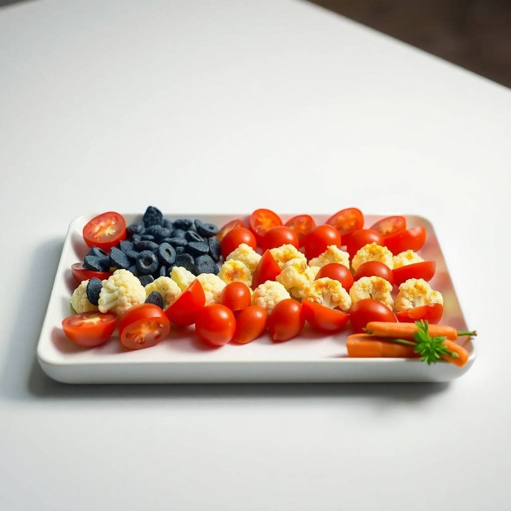 American flag veggie tray with red tomatoes, white cauliflower, blue olives, and carrot garnish on white plate.