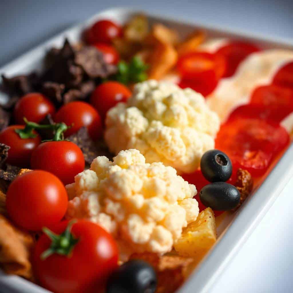 American flag veggie tray with cauliflower, cherry tomatoes, blueberries, and peppers on white platter.