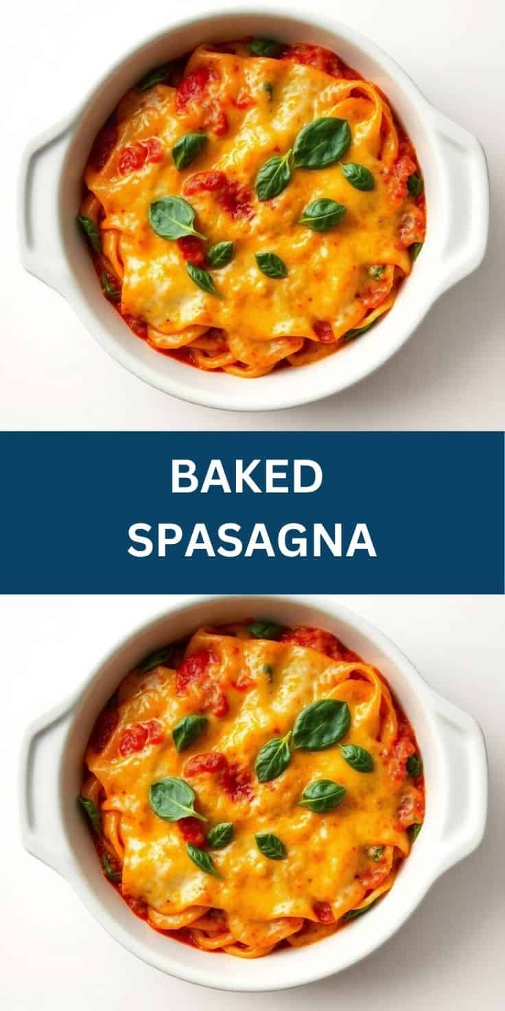 Baked spasagna in white baking dish with melted cheese, red sauce, and fresh basil garnish.