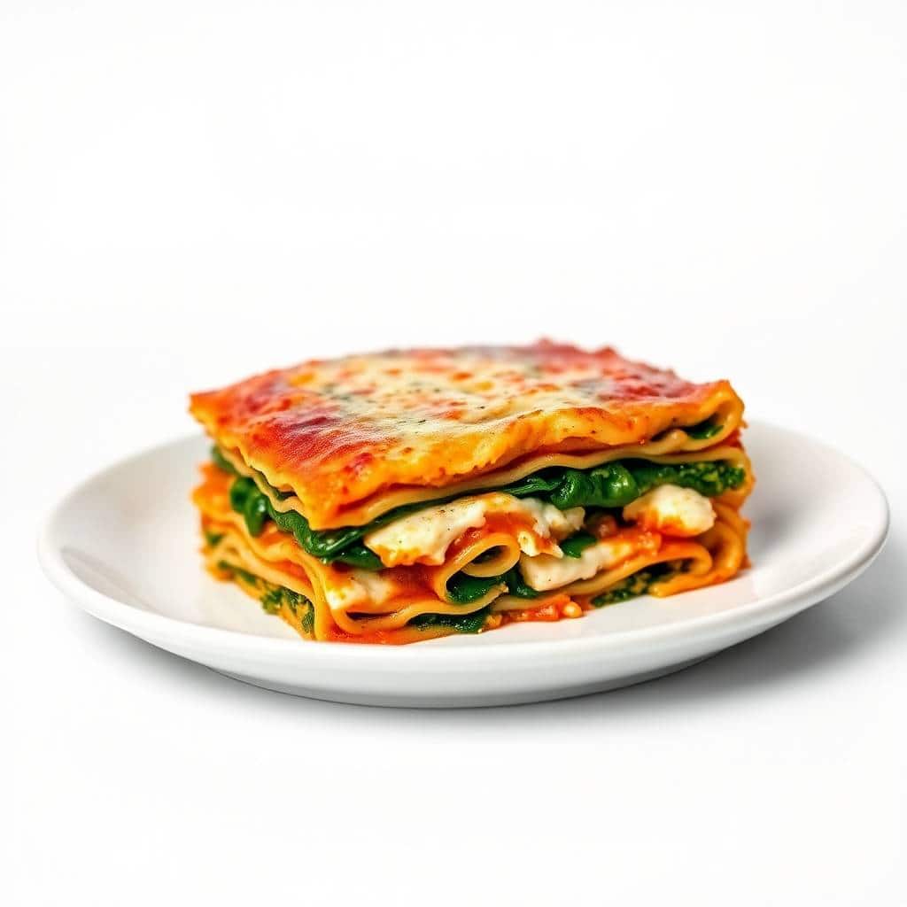 Baked lasagna with melted cheese, tomato sauce, and spinach layers on white plate.