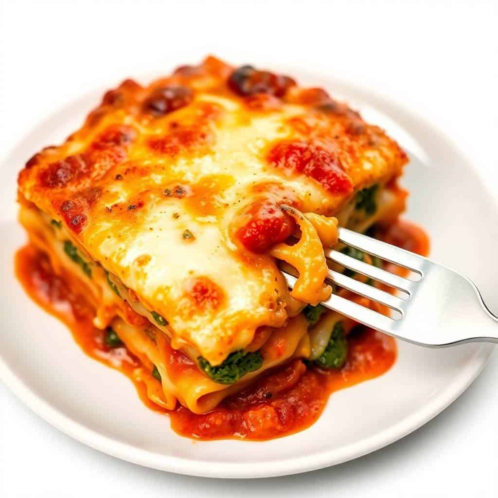 Baked spinach lasagna with melted cheese and tomato sauce on white plate with fork.