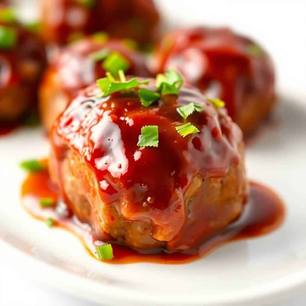 BBQ chicken meatballs glazed with red sauce, topped with fresh cilantro and green onions on white plate.