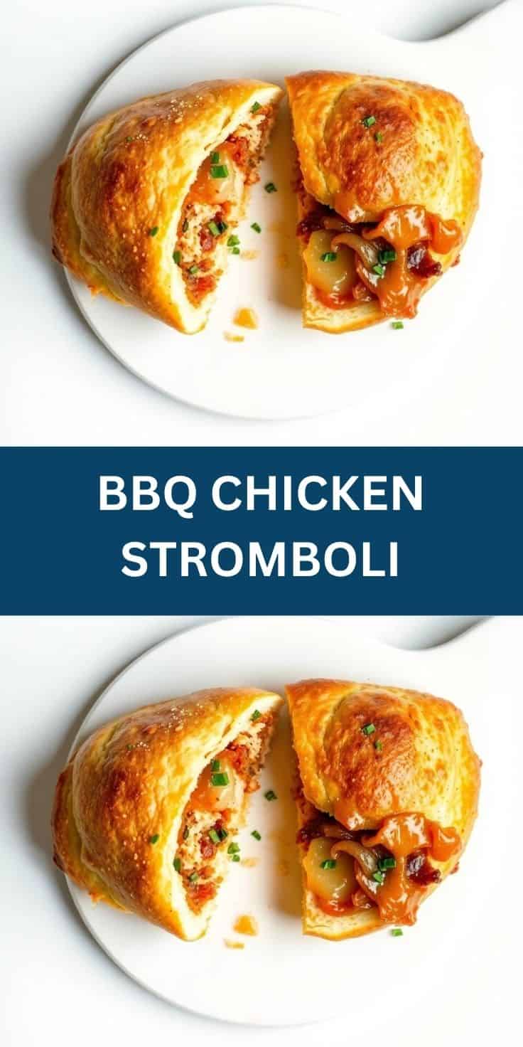 BBQ chicken stromboli halved on white plate, golden pastry with melted cheese and green garnish.