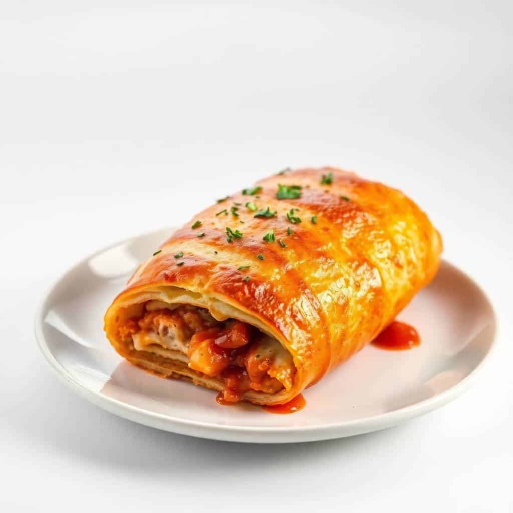 Golden-brown BBQ chicken stromboli with melted cheese, garnished with fresh herbs on white plate.