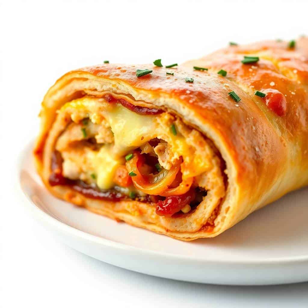Golden-brown BBQ chicken stromboli with melted cheese and red peppers, garnished with chives on white plate.