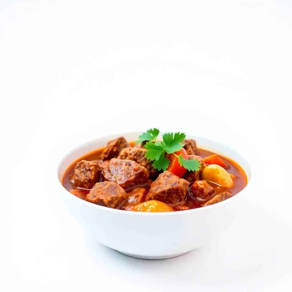 Beef curry served in white bowl with red-brown sauce, meat chunks, potatoes, and cilantro garnish.