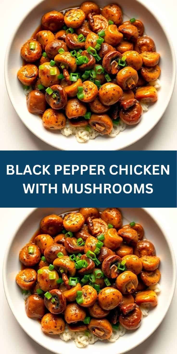 Black pepper chicken with mushrooms served over rice, garnished with green onions on white plate.