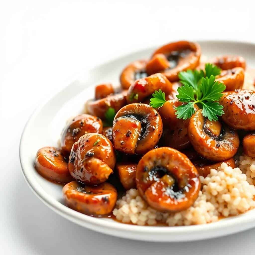 Black pepper mushrooms served over couscous, garnished with fresh parsley on white plate.
