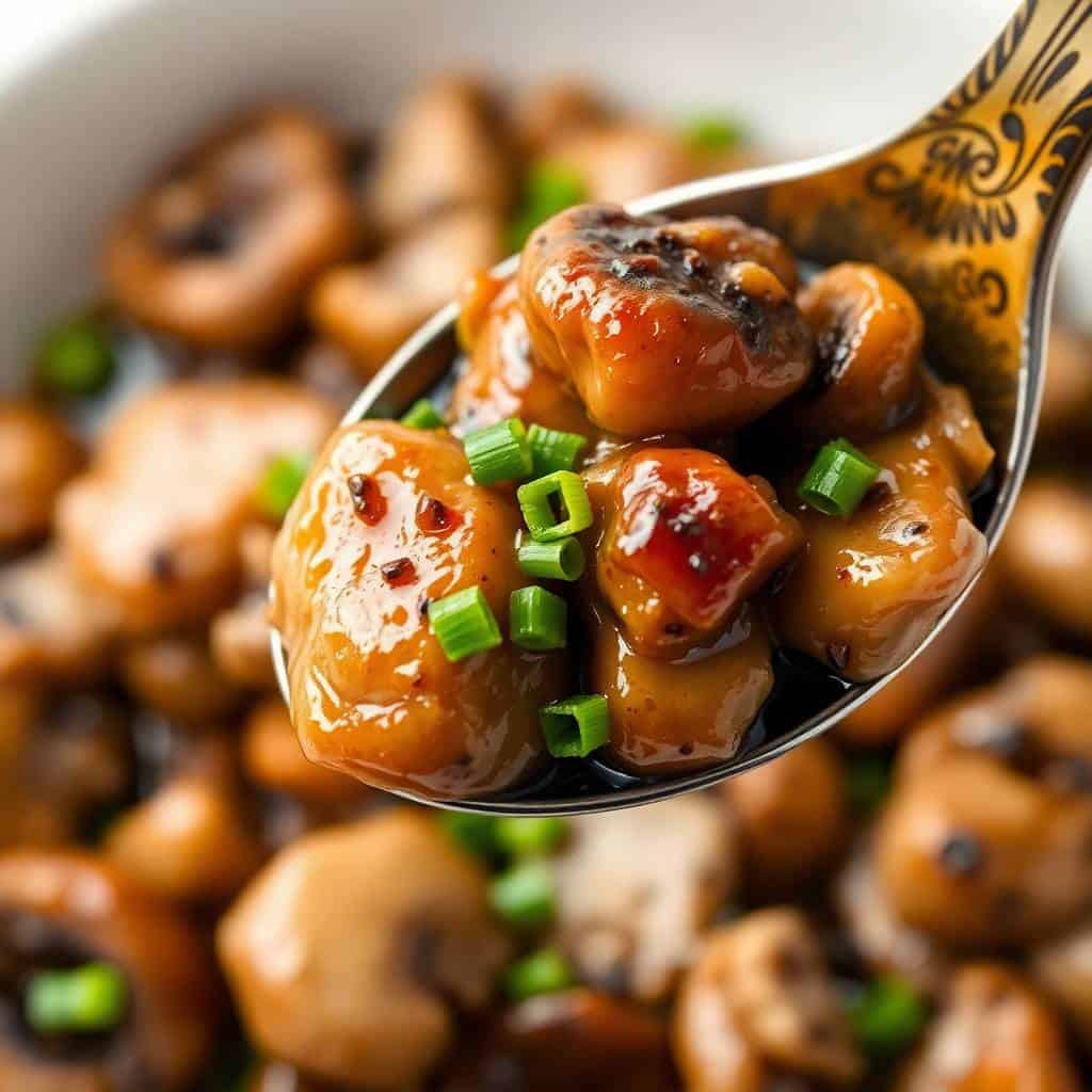 Black pepper chicken with mushrooms on decorative spoon, garnished with green onions, glossy sauce.