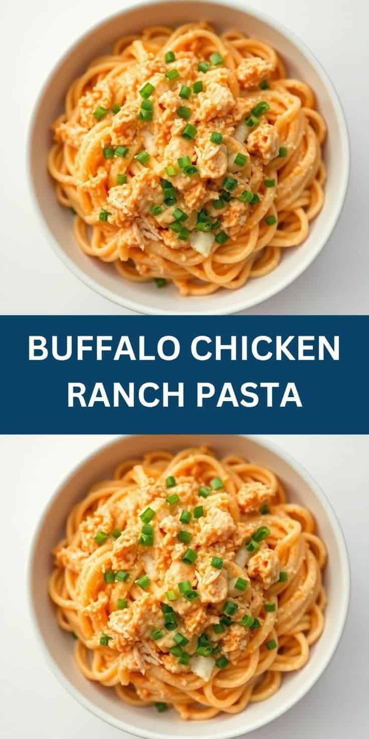 Buffalo chicken ranch pasta in white bowls garnished with green onions, overhead view.