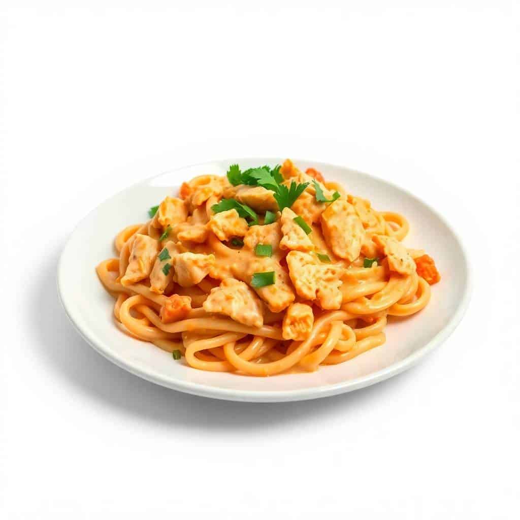 Buffalo chicken ranch pasta served on white plate, garnished with fresh cilantro and green onions.