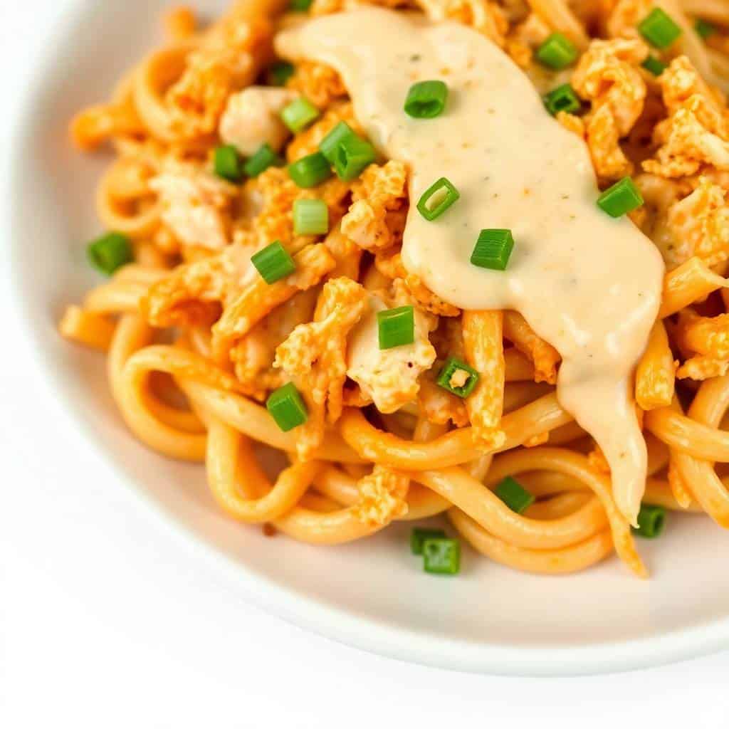 Buffalo chicken ranch pasta with crispy chicken pieces, creamy sauce, and green onion garnish on white plate.