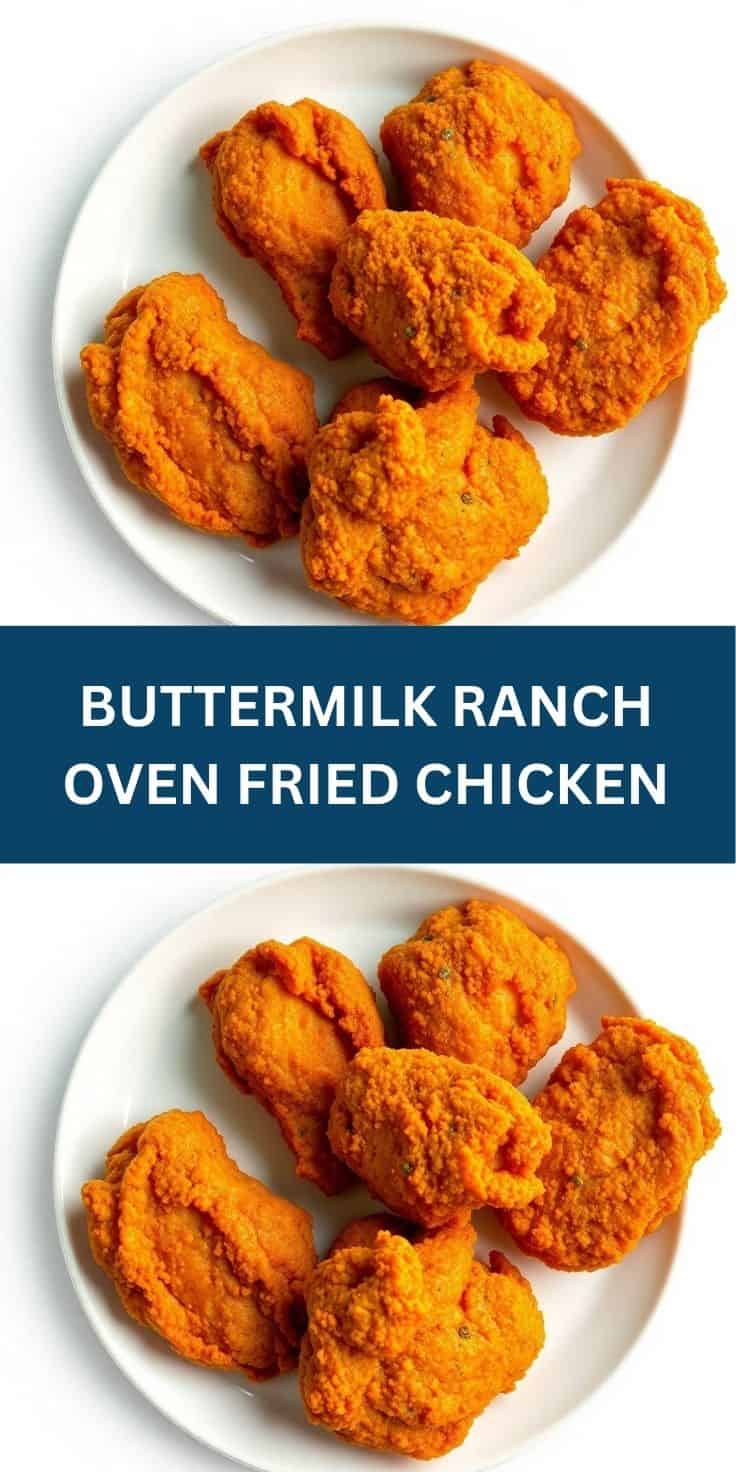 Golden-brown buttermilk ranch oven fried chicken pieces arranged on white plate.