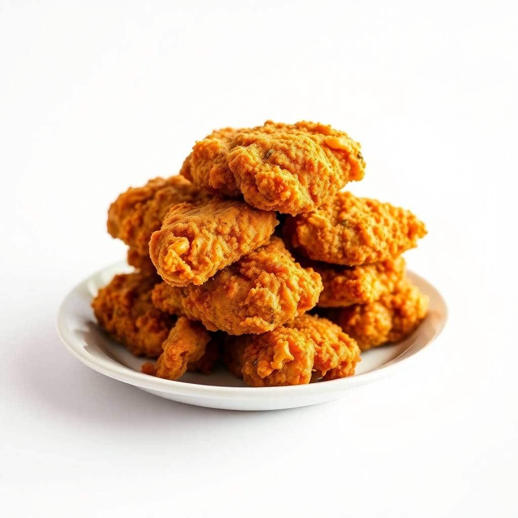 Golden-brown buttermilk ranch oven fried chicken pieces stacked on a white plate against a light background.