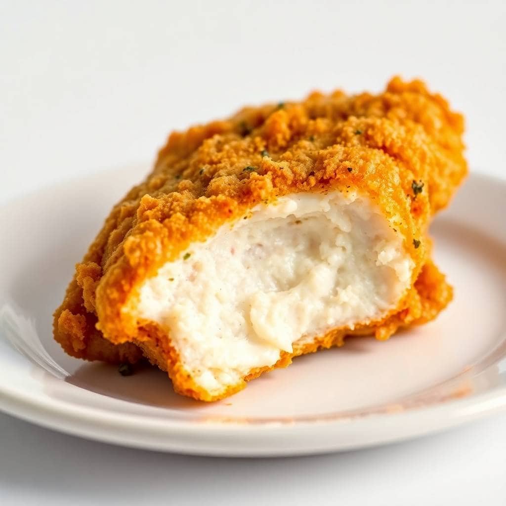 Buttermilk ranch oven fried chicken breast with golden-brown crispy coating on white plate.