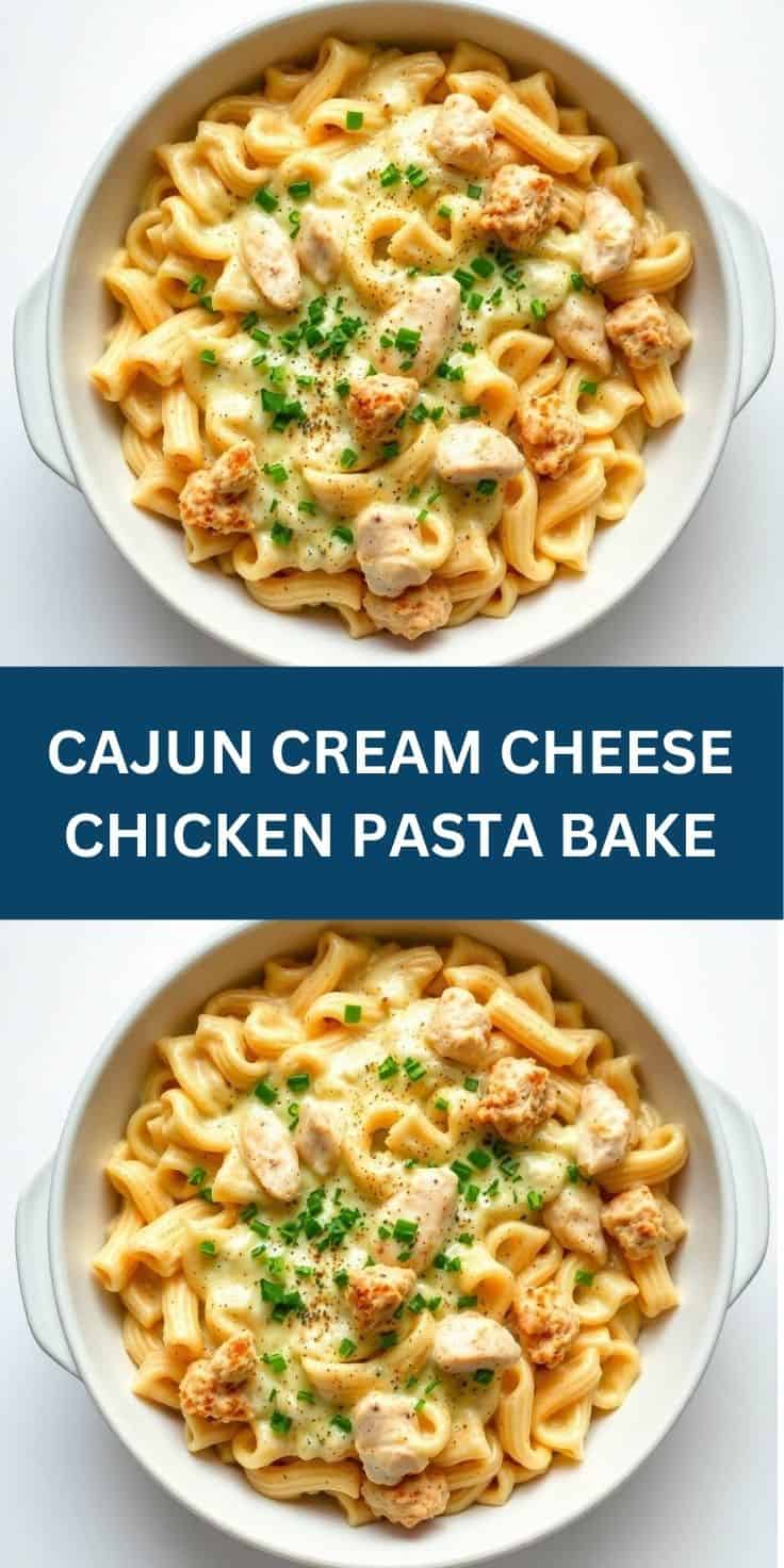 Cajun cream cheese chicken pasta bake in white bowl, topped with chives and black pepper.