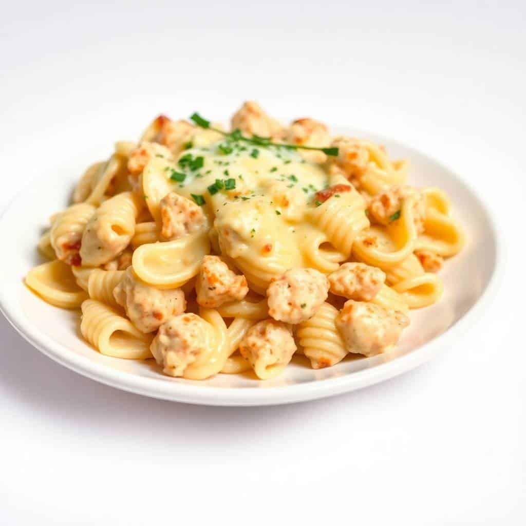 Cajun cream cheese chicken pasta bake with shell pasta, creamy sauce, and fresh chives on white plate.