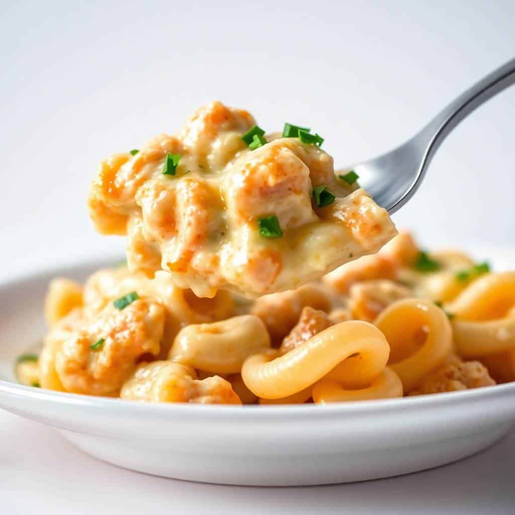 Cajun cream cheese chicken pasta bake with curved pasta and green onion garnish on white plate.