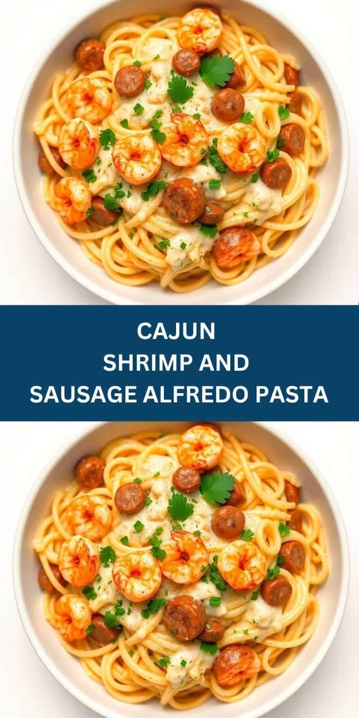 Cajun shrimp and sausage alfredo pasta served in white bowls, garnished with parsley and chives.