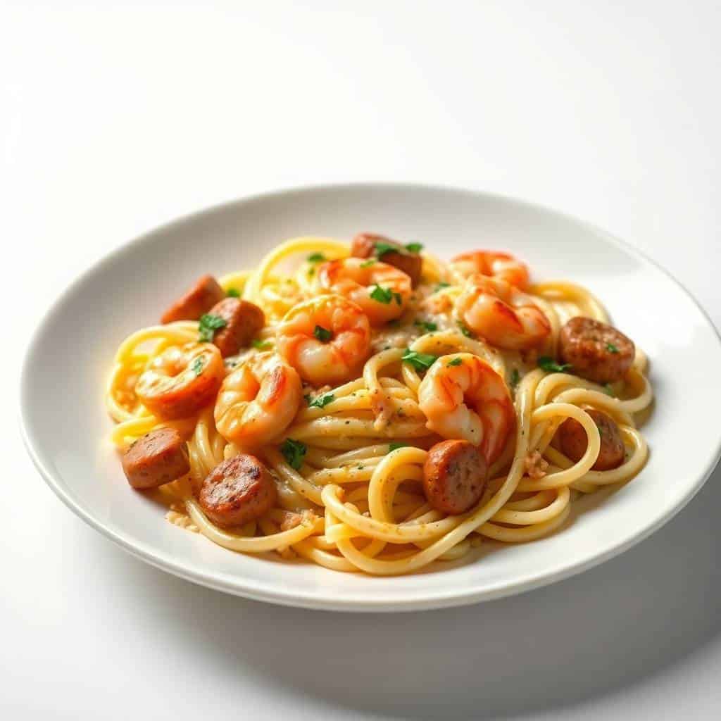 Cajun shrimp and sausage Alfredo pasta garnished with parsley on a white bowl.