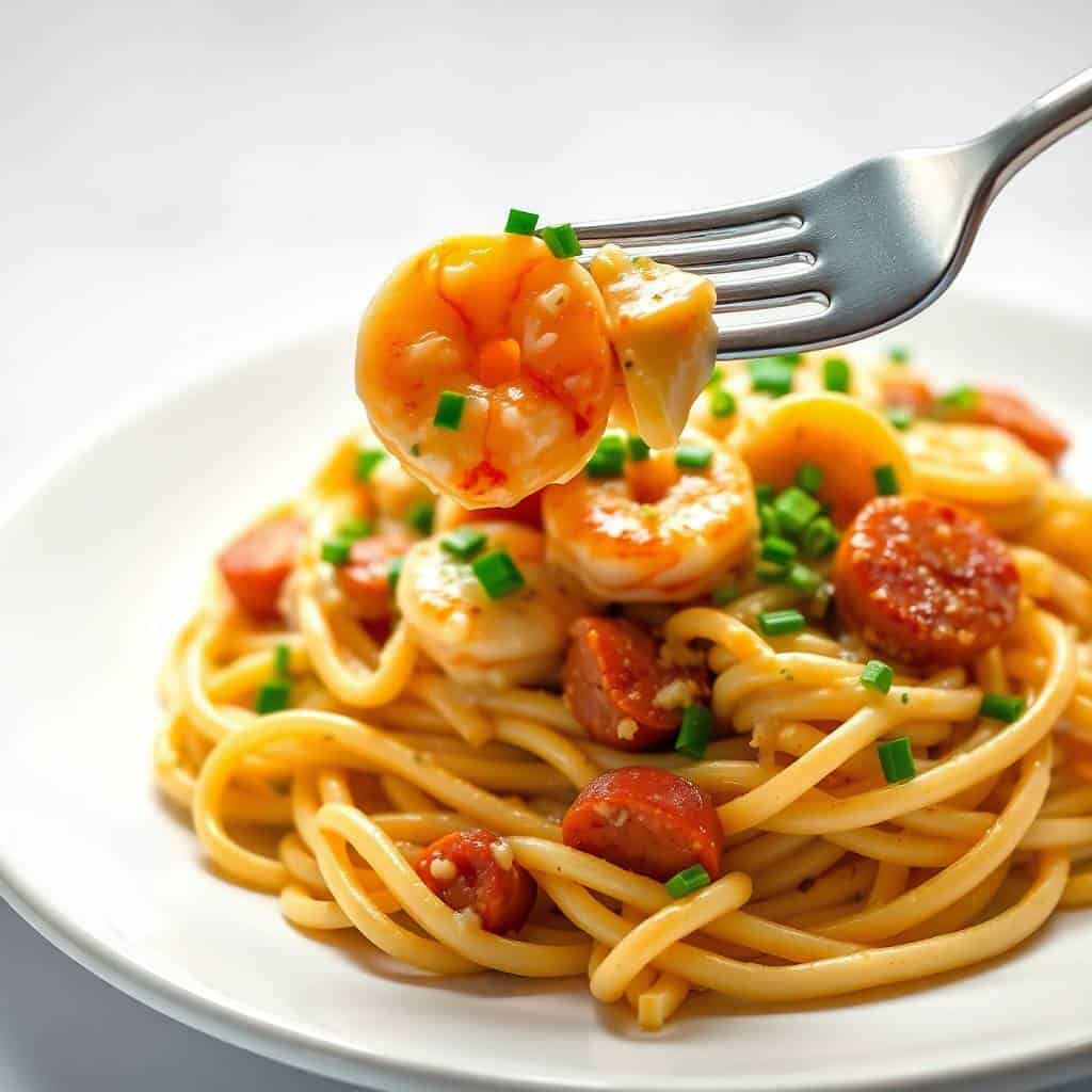 Fork holding shrimp over creamy Cajun pasta with sausage, tomatoes, and green onion garnish on white plate.