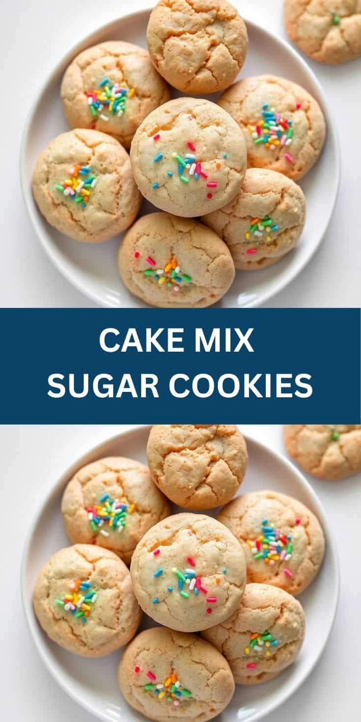 Cake mix sugar cookies with colorful sprinkles arranged on a white plate.