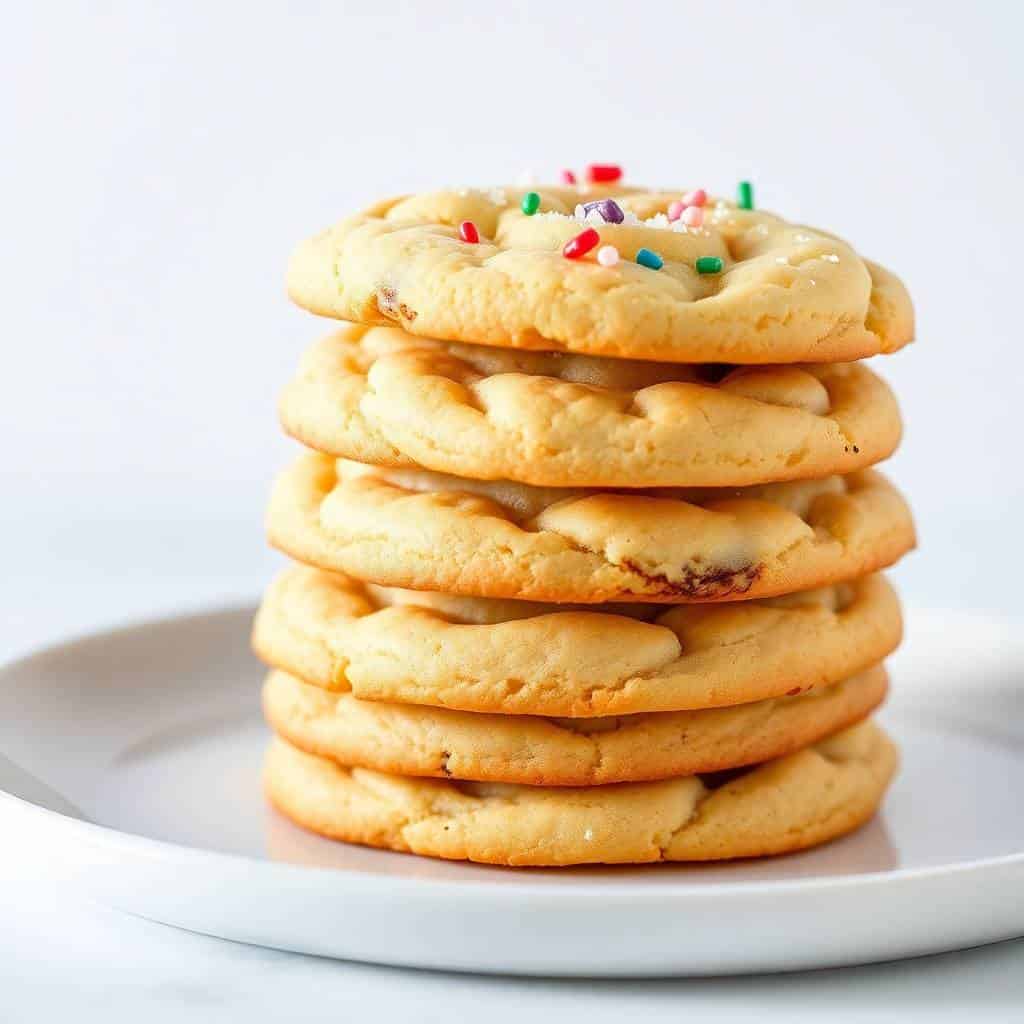 Stack of six cake mix sugar cookies with colorful sprinkles on top, served on white plate.