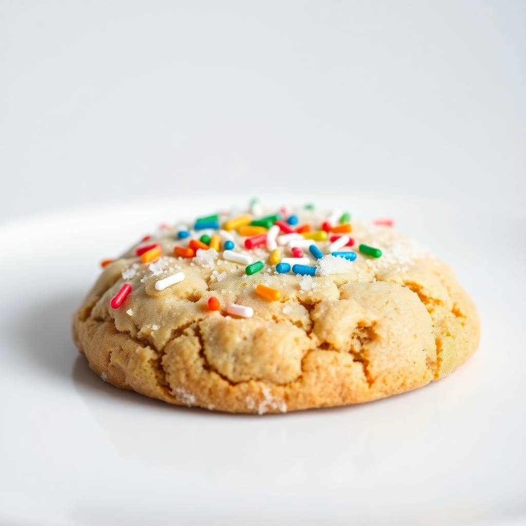 Cake mix sugar cookie topped with colorful sprinkles on white surface.