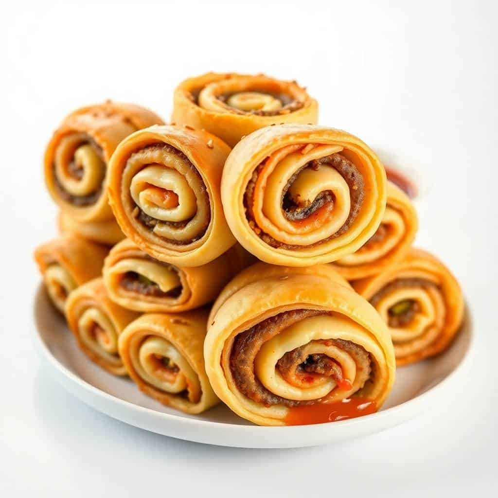 Golden-brown cheeseburger pinwheels with spiral layers stacked on a white plate against a light background.