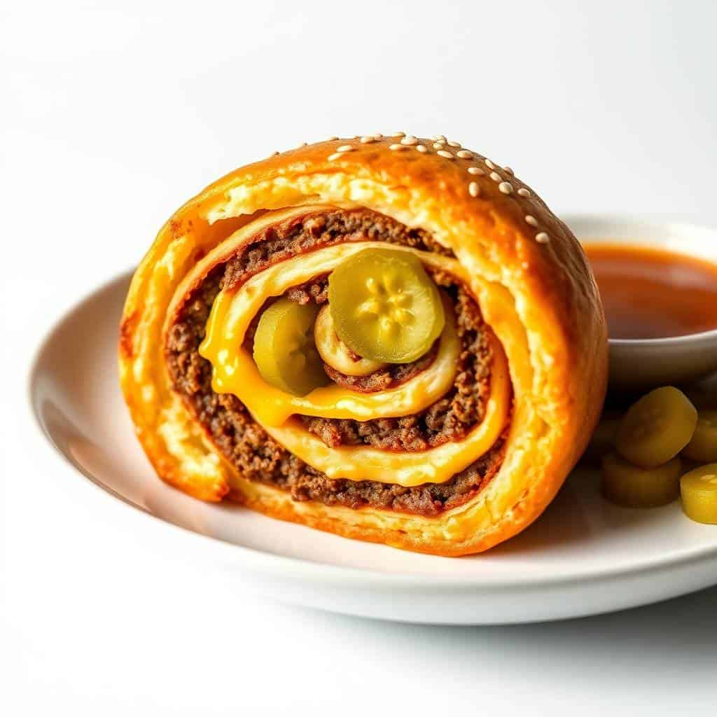 Cheeseburger pinwheel cross-section on white plate with pickle slices and dipping sauce.