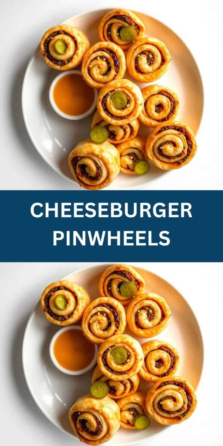 Cheeseburger pinwheels arranged on white plates with pickle slices and caramel dipping sauce.