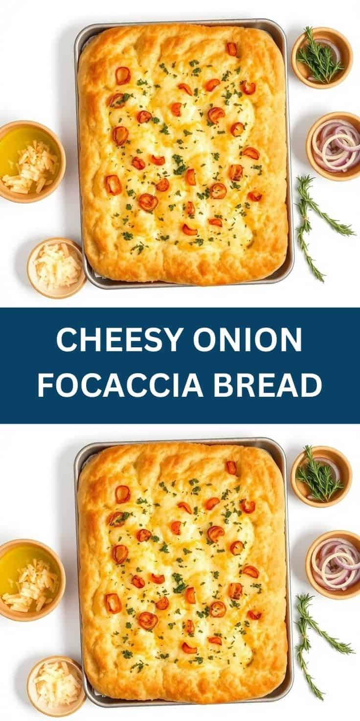 Golden-baked cheesy onion focaccia bread topped with red peppers, herbs, and melted cheese on baking sheet.