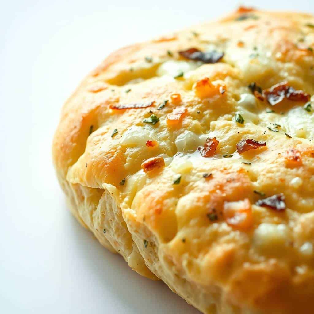 Cheesy onion focaccia bread with melted cheese, caramelized onions, and herb seasoning on white surface.