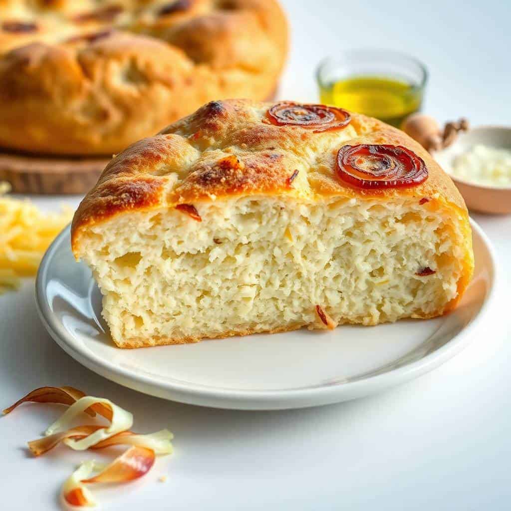 Sliced cheesy onion focaccia bread on white plate with golden crust and caramelized onion rings on top.