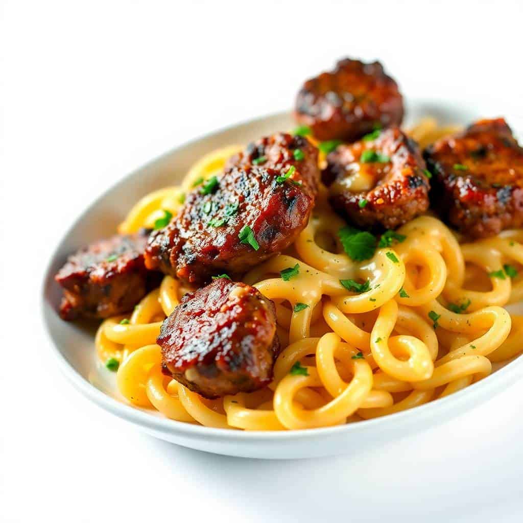 Cheesy steak bites with caramelized edges served over rotini pasta, garnished with fresh parsley on white plate.
